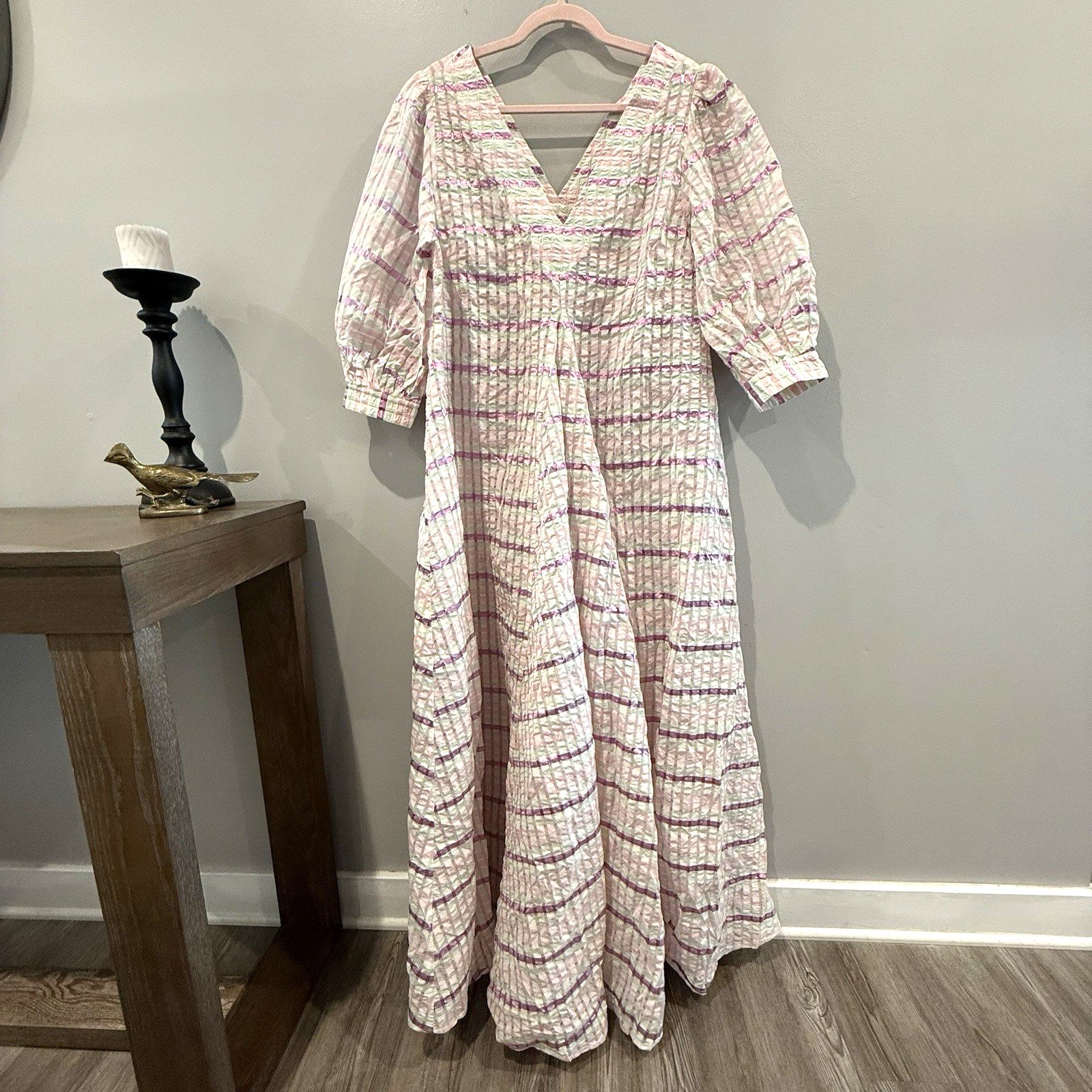 Blanca Maxi Dress Fennie Sz M/L Metallic Plaid Textured Crepe Lightweight Luxury
